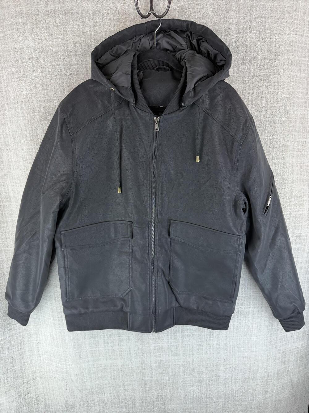 Jacket Mens 2XL Black Bomber Hooded Full Zip Faux Leather Insulated Padded